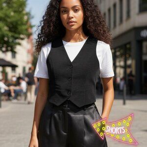 SHEIN Black High Waist Satin Wide Leg Pleated Shorts -Lg